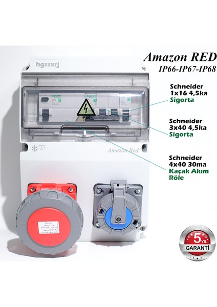 Amazon Red, IP66-IP67-IP68, Trifaze Elektrikli Araç Kombinasyon Kutusu, 5X32A + 1X16A - 5 Yıl Garanti