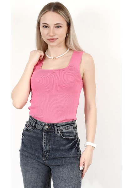 Kadın Kare Yaka Kalın Askılı Basic Triko Bluz Pembe - 2000