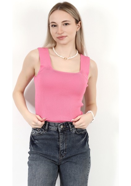 Kadın Kare Yaka Kalın Askılı Basic Triko Bluz Pembe - 2000