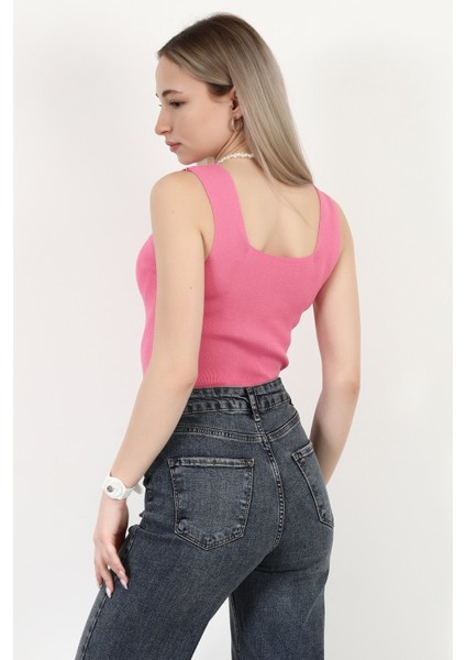 Kadın Kare Yaka Kalın Askılı Basic Triko Bluz Pembe - 2000
