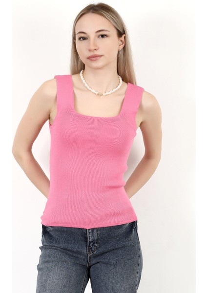 Kadın Kare Yaka Kalın Askılı Basic Triko Bluz Pembe - 2000