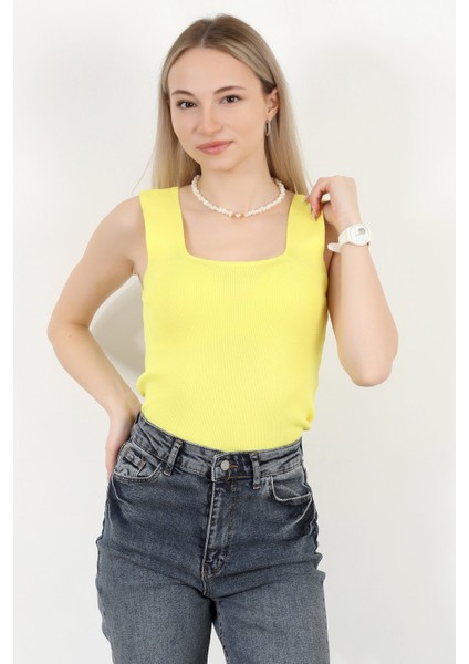 Kadın Kare Yaka Kalın Askılı Basic Triko Bluz Sarı - 2000