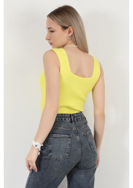 Kadın Kare Yaka Kalın Askılı Basic Triko Bluz Sarı - 2000