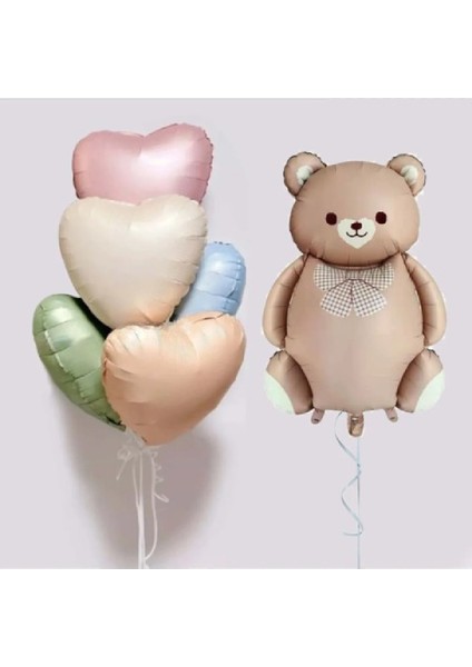 Retro Krem Papyonlu Sevimli Ayı Folyo Balon 5 Renk Kalp Folyo Balonlu Doğum Günü Parti Seti Süsü