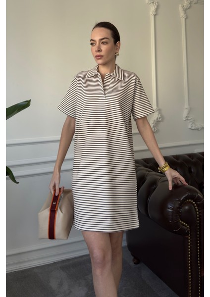 Polo Yaka Çizgili Elbise- Bordo