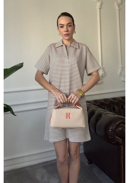 Polo Yaka Çizgili Elbise- Bordo modelleri