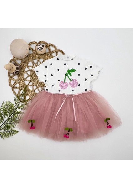 1-2-3 Yaş Payetli Kiraz Nakışlı Kiraz Etekli Kız Bebek Tütü Elbisesi