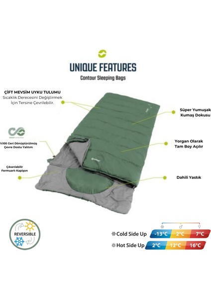 Contour Black Yazlık ve Kışlık Taraflı -13°c 1500GR Geniş Uyku Tulumu Siyah Sağ Fermuar