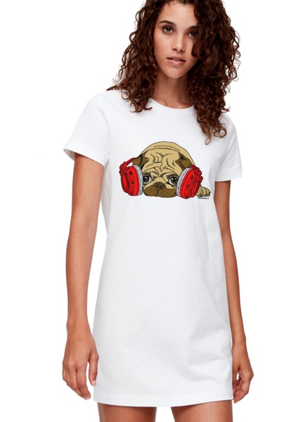 Kulaklıklı Köpek Beyaz Kısa Kollu Penye T-Shirt Elbise