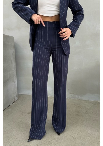 Kadın Çizgili Kuşaklı Blazer Ceket Pantolon Takım fiyatları