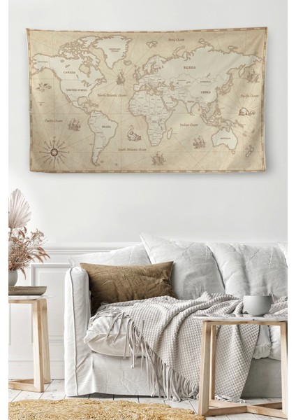 - Duvar Örtüsü / Halısı Vintage Kanvas Kumaş Dünya HARITASI-3956