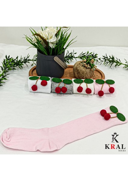 Kız Çoçuk Çorap Kiraz Desenli Renkli Pamuklu Okul Çorabı