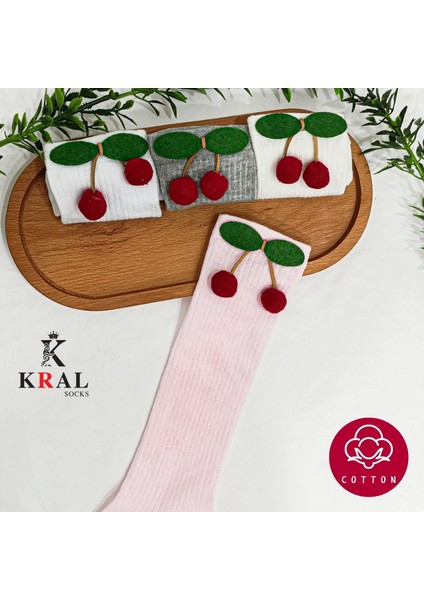 Kız Çoçuk Çorap Kiraz Desenli Renkli Pamuklu Okul Çorabı