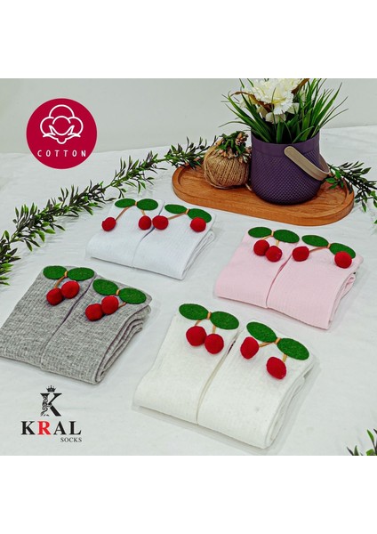 Kız Çoçuk Çorap Kiraz Desenli Renkli Pamuklu Okul Çorabı