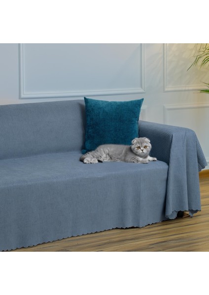Mikrofiber Şönil Fitilli Minimalist Koltuk Örtüsü -175 x 300 cm Large, Çift Taraflı, Kaymaz, Terletmez Mavi