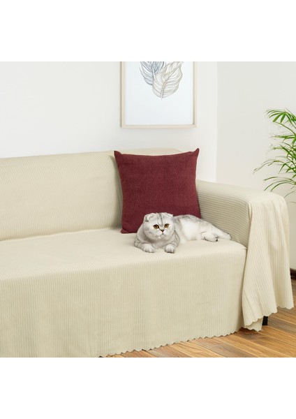 Mikrofiber Şönil Fitilli Minimalist Koltuk Örtüsü -175 x 300 cm Large, Çift Taraflı, Kaymaz, Terletmez Krem