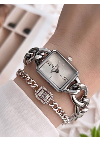 Çelik Zincir Tasarım Kordonlu 30 mt Suya Dayanıklı Kadın Kol Saati+Bileklik Z.10044.S1