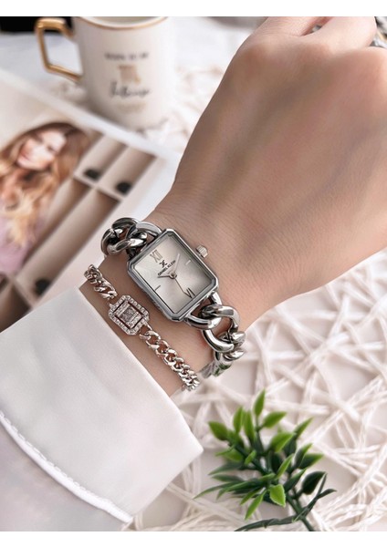 Çelik Zincir Tasarım Kordonlu 30 mt Suya Dayanıklı Kadın Kol Saati+Bileklik Z.10044.S1 fiyatları