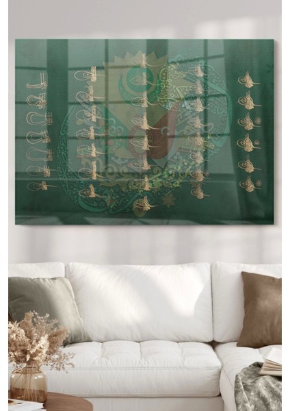 Osmanlı Padişahları Imzaları ve Osmanlı Tuğrası| Osmanlı Temalı Cam Tablo | 50 x 70 cm