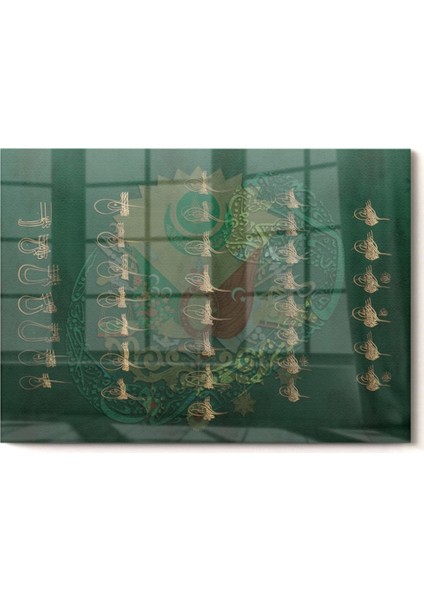 Osmanlı Padişahları Imzaları ve Osmanlı Tuğrası| Osmanlı Temalı Cam Tablo | 50 x 70 cm