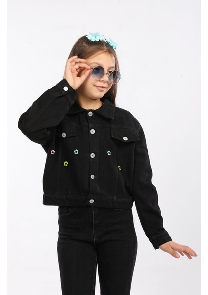 Papatya Nakışlı-Çift Cepli-Düğmeli- Pamuk-Denim-Boyamalı-Kız Çocuk Ceketi