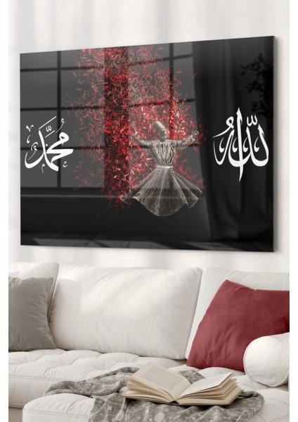 Allah Muhammed Yazılı ve Semazen | Dini Temalı Cam Tablo | 50 x 70 cm
