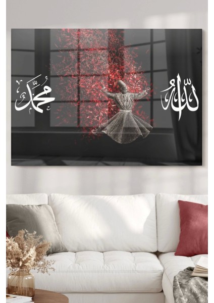 Allah Muhammed Yazılı ve Semazen | Dini Temalı Cam Tablo | 50 x 70 cm