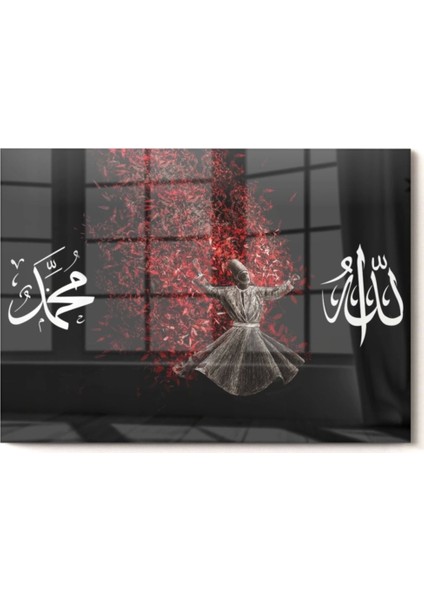 Allah Muhammed Yazılı ve Semazen | Dini Temalı Cam Tablo | 50 x 70 cm