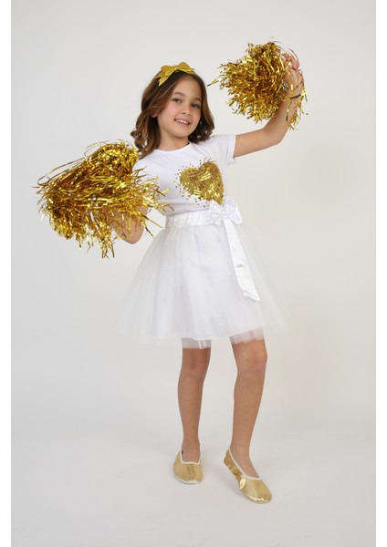 Kız Çocuk Altın Sarısı Pullu Kalp Detaylı Tişört Beyaz Etek Takım 23 Nisan 29 Ekim Gösteri Kıyafeti indirimleri