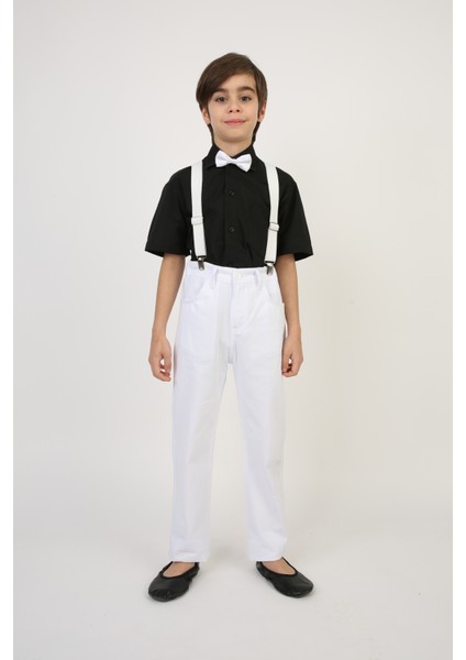 Erkek Çocuk Siyah Kısa Kol Gömlek Beyaz Askı Papyon Takım 23 Nisan 29 Ekim Gösteri Kıyafeti