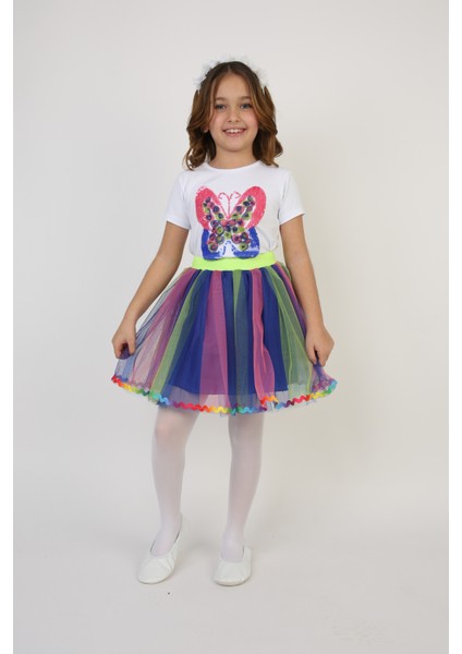 Kız Çocuk Gökküşağı Kelebek Detaylı Tişört Etek Takım 23 Nisan 29 Ekim Gösteri Kıyafeti