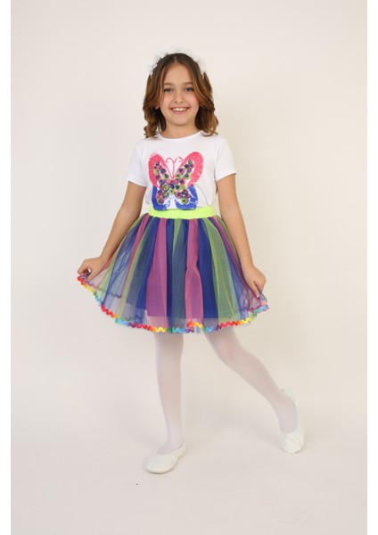 Kız Çocuk Gökküşağı Kelebek Detaylı Tişört Etek Takım 23 Nisan 29 Ekim Gösteri Kıyafeti modelleri