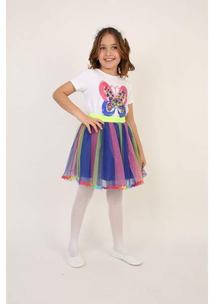 Kız Çocuk Gökküşağı Kelebek Detaylı Tişört Etek Takım 23 Nisan 29 Ekim Gösteri Kıyafeti fırsatları