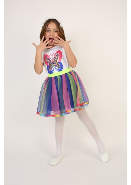 Kız Çocuk Gökküşağı Kelebek Detaylı Tişört Etek Takım 23 Nisan 29 Ekim Gösteri Kıyafeti indirimleri