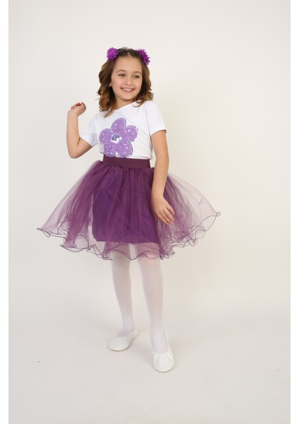 Kız Çocuk Lila Çiçek Desenli Tişört Lila Tütü Etek Takım 23 Nisan 29 Ekim Gösteri Kıyafeti modelleri