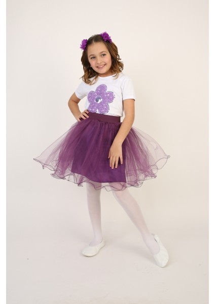 Kız Çocuk Lila Çiçek Desenli Tişört Lila Tütü Etek Takım 23 Nisan 29 Ekim Gösteri Kıyafeti indirimleri