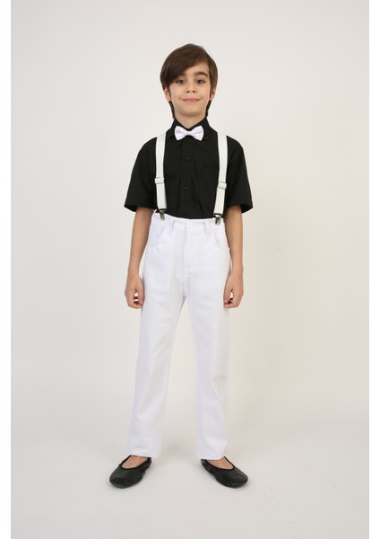 Erkek Çocuk Siyah Kısa Kol Gömlek Beyaz Askı Papyon Takım 23 Nisan 29 Ekim Gösteri Kıyafeti modelleri