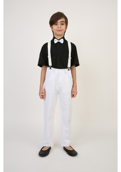 Erkek Çocuk Siyah Kısa Kol Gömlek Beyaz Askı Papyon Takım 23 Nisan 29 Ekim Gösteri Kıyafeti fırsatları