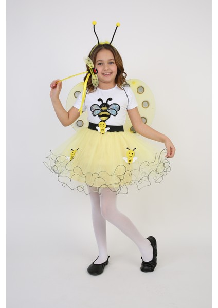 Kız Çocuk Arı Kostümü Arı Tişört Arı Etek Arı Taç Kanat Takım 23 Nisan 29 Ekim Gösteri Kıyafeti