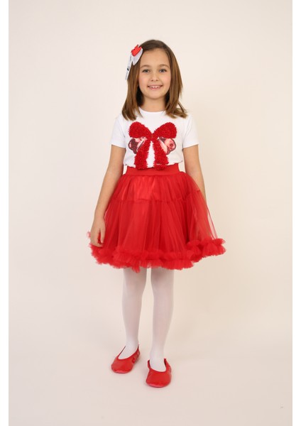 Kız Çocuk Kırmızı Fiyonk Detaylı Tişört Kırmızı Etek Takım 23 Nisan 29 Ekim Gösteri Kıyafeti