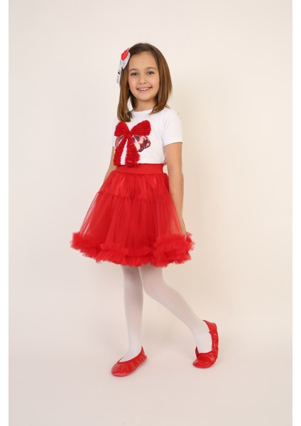 Kız Çocuk Kırmızı Fiyonk Detaylı Tişört Kırmızı Etek Takım 23 Nisan 29 Ekim Gösteri Kıyafeti indirimleri