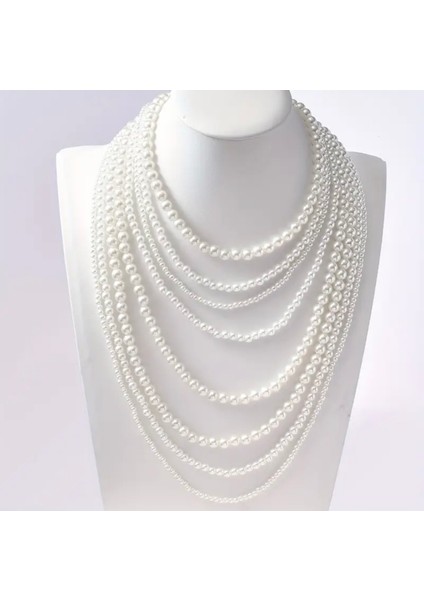 Özel Tasarım Davet-Gece Şık Luxury 8 Tur Sıralı Zarif Kadın İnci Gerdanlık Kolye Takımı