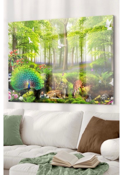 Yeşil Orman ve Hayvanlar | Doğa Temalı Cam Tablo | 50 x 70 cm