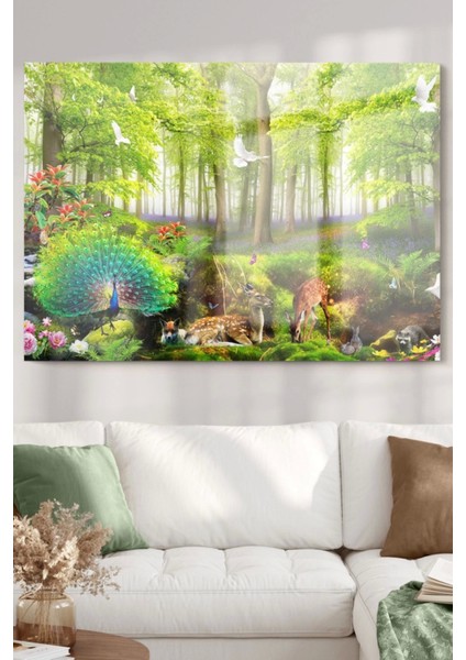 Yeşil Orman ve Hayvanlar | Doğa Temalı Cam Tablo | 50 x 70 cm fiyatları