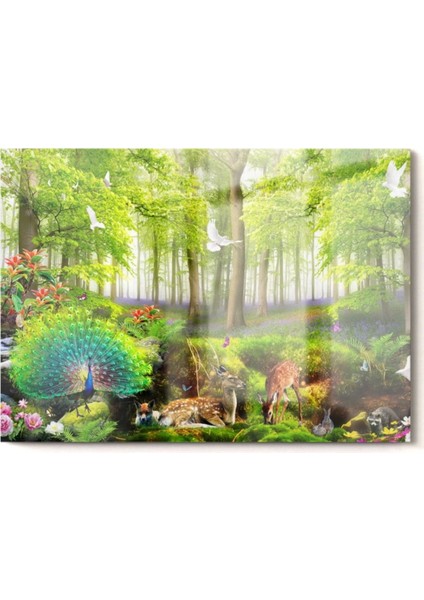 Yeşil Orman ve Hayvanlar | Doğa Temalı Cam Tablo | 50 x 70 cm fırsatları
