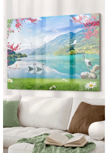 Gölde Yüzen Kuğular | Hayvan Temalı Cam Tablo | 50 x 70 cm