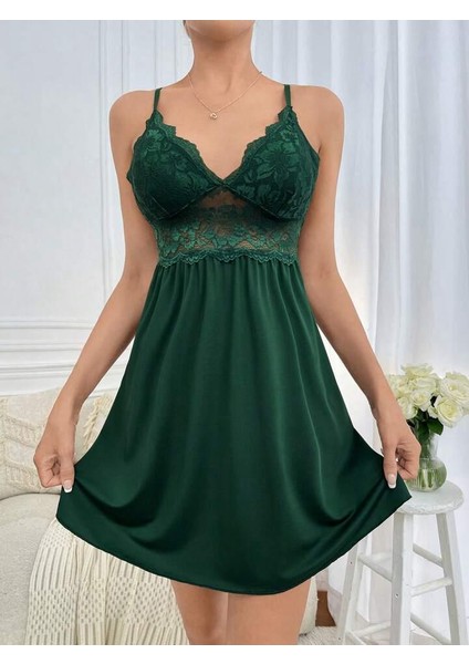 Kadın Yeşil Dantelli Şık Tasarım Gecelik