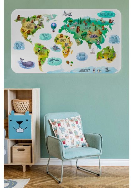 - Eğitici Dünya Haritası Dünya Atlası Çocuk ve Bebek Odası Duvar STICKER -60X105-3807