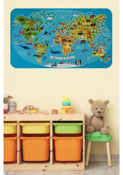 - Eğitici Dünya Haritası Dünya Atlası Çocuk ve Bebek Odası Duvar STICKER -60X105-3808