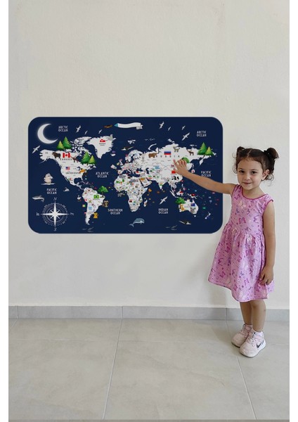 - Eğitici ve Bayraklı Dünya Haritası Dünya Atlası Çocuk ve Bebek Odası Duvar STICKER-60X105-3819